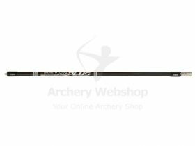  Win&Win Stabilizer Long HMC Plus in black mounted on a recurve bow, showing its large diameter and carbon build. Designed for optimal vibration reduction and torque balance. Available in multiple lengths and colors to suit any archer’s needs. A high-perf