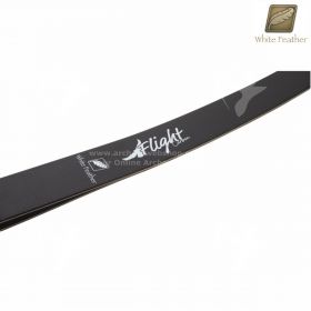 Close-up of White Feather Flight ILF Limbs: Detailed view highlighting the fine craftsmanship of the black fiberglass laminate and hard rock maple core, showcasing the quality materials used in the construction of these ILF-compatible limbs.