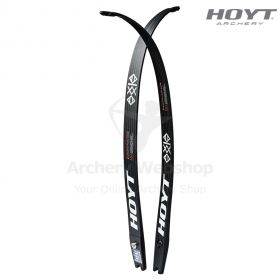 "Close-up of Hoyt Axia Syntactic Foam Core limbs, featuring a high-action feedback profile and 8-layer carbon construction, ideal for powerful and consistent shots."