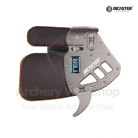 Close-up of the Bicaster Archery ASA Finger Tab, featuring adjustable finger spacer, thumb rest, and little finger rest, in elegant color options, designed for all archers.