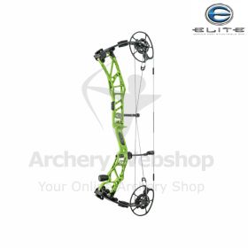 A left-hand version of the Elite Artus in custom finish, shown with an attached sight and stabilizer on the R.A.C. rail, the bow held by a hunter mid-shot in a ground-blind scenario, highlighting the compact 30” (≈ 76 cm) footprint, 6.875″ (≈ 17.5 cm) bra