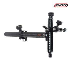 Image of the Shocq Sight Align Pro Carbon in a grey finish. This recurve sight includes a 9-inch (22.9 cm) carbon extension, tool-free windage and elevation adjustments, and micro-adjustable controls for precise tuning. Interchangeable components make the
