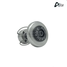 Studio image of the S.O.S. Heavy Medal Barebow with weight inserts installed. Lighting emphasizes stainless steel construction and the symmetry of the wire damping system. The compact footprint is clearly illustrated, showing how stabilization is achieved