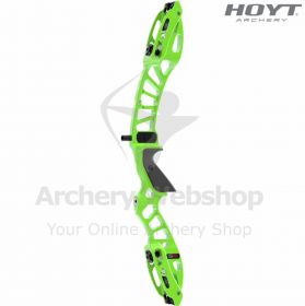 Close-up of the Hoyt Formula SR Riser in Impact Blue, a 25” (63.5 cm) recurve riser weighing 3.0 lbs (1.37 kg). Featuring advanced Hoyt geometry with a lowered grip, pocket damping system, and patented String Tension Technology™ for ultimate tuning flexib