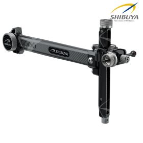 This image displays a professional recurve sight with a modern polygonal carbon extension. The extension length is approximately 233 mm (9 inches), offering a stable platform for aiming. The elevation mechanism is visible, showing fine adjustment capabili