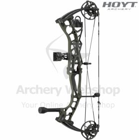Image showing a close-up of the Hoyt Enduro compound bow with the Flex Torch Stabilizer and Biscuit-Style Capture Rest installed. The riser shape, cam design, and quiver attachment points illustrate the ready-to-shoot nature of the Value Package. The Maxx