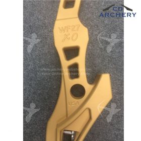 "CD Archery's WF27 XO, a 27” Olympic Barebow ILF Recurve Riser with a sleek design. Includes custom weight system, clicker, sight, rest, and stabilizer mounting holes. Compatible with ILF limbs."