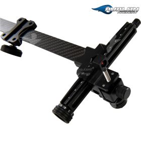 Side profile photograph of the POWR DLX Carbon Bar Recurve Sight showing its carbon extension, micro-adjustable windage and elevation knobs, and dovetail mounting system. The sight weighs 260 grams (9.2 oz) and has a vertical adjustment of 12 cm (4.7 in).