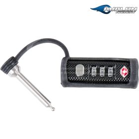 Avalon Combination Lock for compound bows with stainless-steel pin and anodized aluminum housing. Uses personal numeric code, no key needed. Prevents dry-fire and unauthorized use. Compact and lightweight design for safe bow storage.