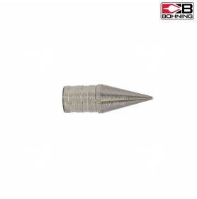 Macro shot of Bohning Glue-In Point Pins arranged by grain weight, showing precision machining and polished stainless-steel finish. The tight tolerances demonstrate Bohning’s engineering for a perfect snug fit inside aluminum and carbon shafts, ensuring a