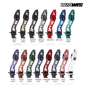 The WIAWIS ATF-EX 27-inch riser is photographed in Heat Blue, showcasing its long frame, CNC-machined aluminum construction, and reinforced sight window stiffness. The T-BLOCK Balance System appears clearly, featuring its hardened steel rail for strong la